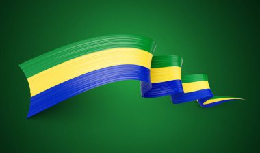 Gabon 'un 3d Bayrağı 3d Parlak Dalgalı Bayrak Kurdelesi Yeşil Arkaplanda İzole Edildi, 3d illüstrasyon