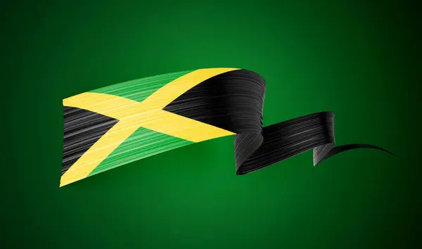 3D牙买加国旗3D Wavy Shiny Jamaica Ribbon Isolated Green Background Illustration — 图库照片
