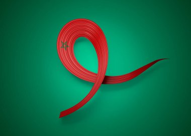 3D Fas Bayrağı Parlak Dalgalı Farkındalık Kurdelesi Yeşil Arkaplanda İzole Edildi 3D Görüntü