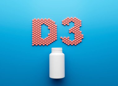 Yuvarlak vitamin D3 tabletlerinden yapılmış D3 metin içeren 3d Boş Beyaz İlaç Şişesi 3d Görüntü