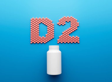 Yuvarlak D2 vitamin tabletlerinden yapılmış D2 metni içeren 3d Boş Beyaz İlaç Şişesi 3d Görüntü