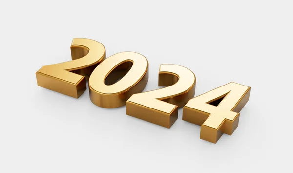 Mutlu yıllar 2024 Altın Metal Parlak 3D Numaralar Beyaz Arkaplanda İzole Edilmiş 3D Resimler