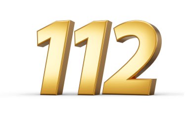 3D numara 112. 112. Altın metin, beyaz arkaplanda izole edilmiş. 3D illüstrasyon.