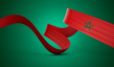 3d Fas Bayrağı 3d Dalgalı Parlak Fas Kurdelesi Yeşil Arkaplanda İzole Edildi 3d Görüntü