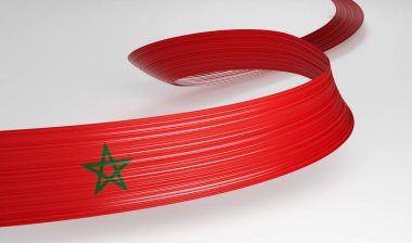 Fas 'ın 3D Bayrağı 3D Dalgalı Parlak Fas Kurdelesi Beyaz Arkaplanda İzole Edildi 3D Görüntü