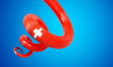 3d İsviçre Bayrağı 3d İsviçre Sarmalı Parlak Kurdelesi Mavi Arkaplanda, 3D