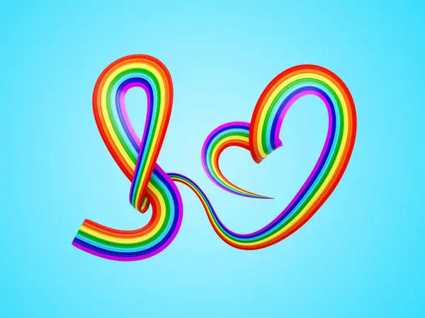 3d Flag Of Rainbow Heart Shaped Wavy Awareness Ribbon flag On Soft Blue Background 3d Illustration