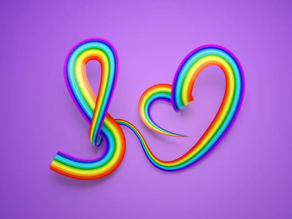 3d Flag Of Rainbow Heart Shaped Wavy Awareness Ribbon flag Pastel Purple Background 3d Illustration