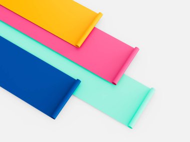 İzole edilmiş arkaplan 3d illüstrasyonunda renkli kağıtlar yuvarlanıyor