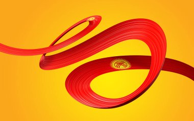 Kırgızistan 'ın 3d Bayrağı 3d Sallanan Kurdele Bayrağı Sarı Arkaplanda İzole Edildi, 3d illüstrasyon