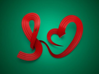 3d Flag Of Morocco Heart Shape Shiny Wavy Awareness Ribbon flag On Green Background 3d illustration