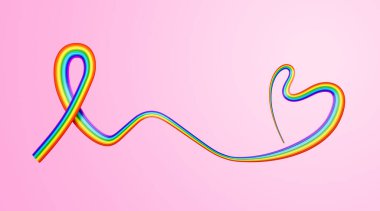3d Flag Of Rainbow Heart Shaped Wavy Awareness Ribbon flag On Soft Pink Background 3d Illustration