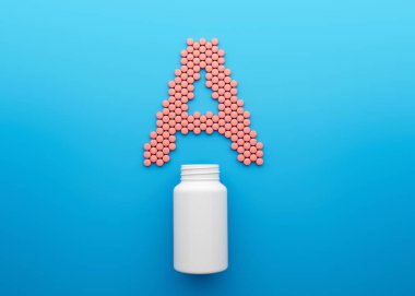 3d Empty White Pill Bottle With A Text Made Of Rounded Vitamin A Tablets 3d Illustration