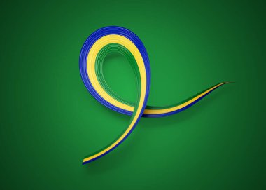 3D Gabon Bayrağı Parlak Dalgalı Farkındalık Kurdelesi Yeşil Arkaplanda İzole Edildi 3D Görüntü