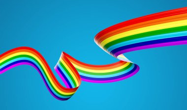 Gökkuşağının 3d Bayrağı 3d Dalgalı Parlak Gökkuşağı Kurdelesi Mavi Arkaplanda İzole Edildi 3d Görüntü