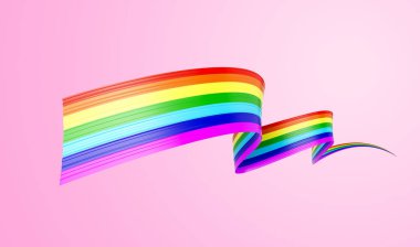 3d Gökkuşağının Bayrağı 3d Dalgalı Parlak Gökkuşağı Kurdelesi Yumuşak Pembe Arkaplanda İzole Edildi 3d Görüntü