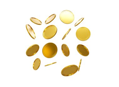 3D Düşen Altın Parlak Paralar Beyaz Arkaplanda 3D Görüntü