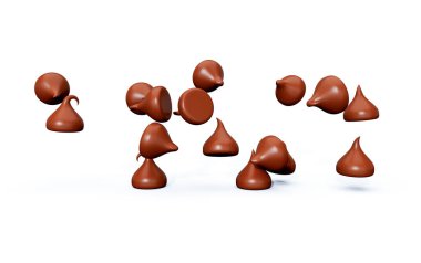 3d Sütlü Çikolata Parçacıkları ya da Çikolata Morsels Beyaz Arkaplanda Düşerken 3d Görüntü