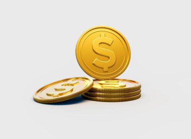 3D Yığın Altın Amerikan Doları Paralar Parlak Yuvarlak Paralar Beyaz Arkaplanda 3D Görüntü
