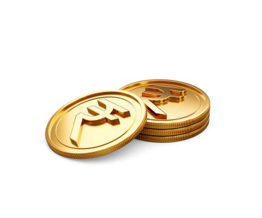 3D Altın Hint Rupisi Yığını Parlak Yuvarlak Bozukluklar Beyaz Arkaplanda 3D Görüntü