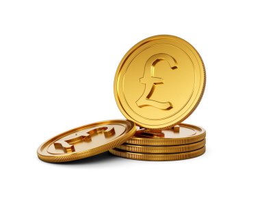 3D Yığınla Altın İngiliz Pound Sikkeleri Parlak Yuvarlak Paralar Beyaz Arkaplanda 3 boyutlu Görüntü