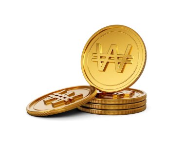 3D Yığın Altın Kore Won Parası Parlak Yuvarlak Bozukluklar Beyaz Arkaplanda 3D Görüntü