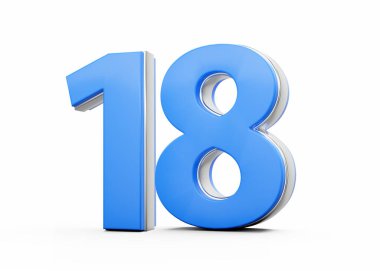 3 Boyutlu 18 numara. Mavi vücuttan yapılmış. Beyaz arka planda gümüş çizgili.