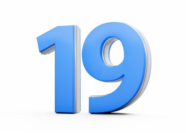 3D numara 19. Mavi vücuttan yapılmış, beyaz arka planda gümüş çizgili, üç boyutlu bir resim.