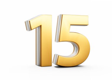 3 Boyutlu Altın Parlak 15 Numara. Beyaz Arkaplan Üzerinde Gümüş Özetlenmiş. 3D Görüntü