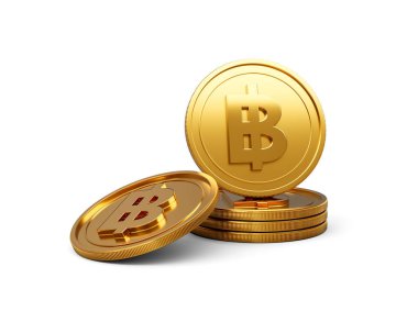 3D Altın Tayland Yığını Bahçe Paraları Parlak Yuvarlak Sikkeler Beyaz Arkaplanda 3D Görüntü