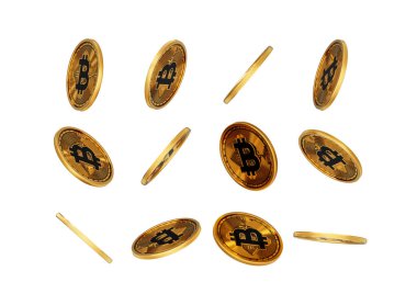 3D Düşen Altın Parlak Kripto Para Birimi Bitcoin Beyaz Arkaplanda Yuvarlanan Paralar 3D Görüntü