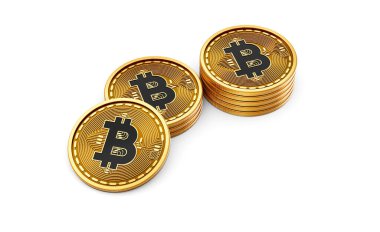 3D Altın Kripto Para Yığını Bitcoin Parlak Yuvarlak Paralar Beyaz Arkaplan 3D Görüntü