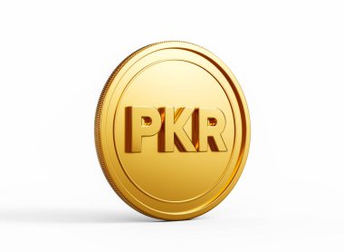 3D Altın Parlak Yuvarlak Pakistanlı Rupi PKR Parası Beyaz Arkaplanda İzole Edildi 3D Görüntü