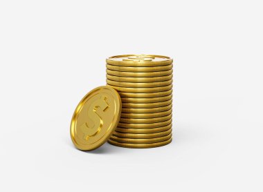 3D Yığın Altın Amerikan Doları Paralar Parlak Yuvarlak Paralar Beyaz Arkaplanda 3D Görüntü