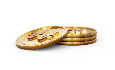 3D Yığın Altın Kore Won Parası Parlak Yuvarlak Bozukluklar Beyaz Arkaplanda 3D Görüntü