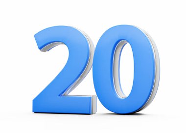 3 boyutlu 20 numara. Mavi vücuttan yapılmış 20 beden. Beyaz arka planda gümüş çizgiler var.