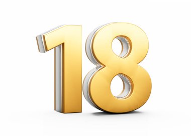 3 Boyutlu Altın Parlak 18 numara. Beyaz arkaplanda izole edilmiş gümüş çizgili. 3D Görüntü.