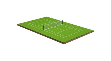 3D Yeşil Çim Tenis Sahası Ağ ve Beyaz Çizgiler Sınırlar 3 Boyutlu Resimler