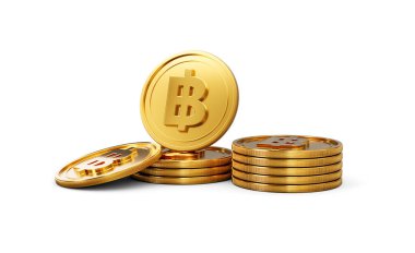 3D Altın Tayland Yığını Bahçe Paraları Parlak Yuvarlak Sikkeler Beyaz Arkaplanda 3D Görüntü