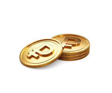 3D Altın Rus Rublesi Yığını Parlak Yuvarlak Bozukluklar Beyaz Arkaplanda 3D Görüntü