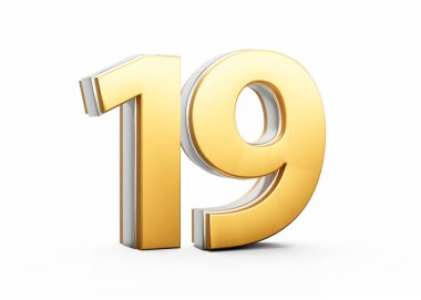 3 Boyutlu Altın Parlak 19 Numara, Beyaz Arkaplanda İzole edilmiş Gümüş Çizgili 3D Görüntü