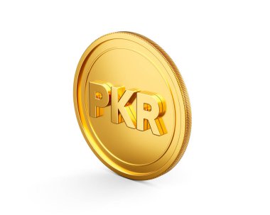 3D Altın Parlak Yuvarlak Pakistanlı Rupi PKR Parası Beyaz Arkaplanda İzole Edildi 3D Görüntü