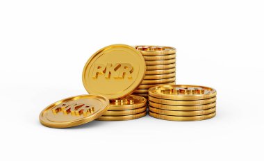 3D Altın Pakistan Yığını PKR Bozukluklar Yuvarlak Paralar Beyaz Arkaplanda 3D Görüntü