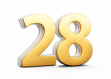 3D Altın Parlak 28 numara. Beyaz arka planda gümüş çizgili. 3D Görüntü.