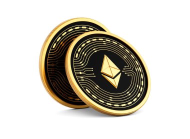 3D İki Altın ve Siyah Yuvarlak Şifreli Para Beyaz Arkaplanda 3 boyutlu Görüntü