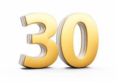 3D Altın Parlak 30 numara. Beyaz arka planda gümüş çizgili. 3D Görüntü.