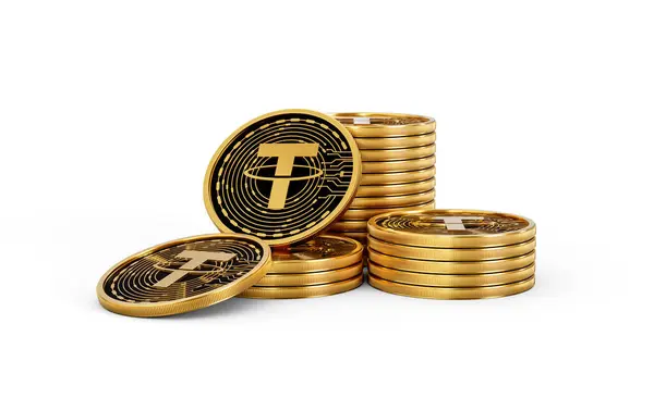 3d Altın Kripto Para Yığını USDT Para Yığını Beyaz Arkaplanda 3D Görüntü