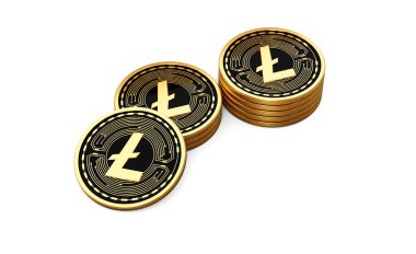 3D Altın Kripto Para Birimi Litecoin Yuvarlak Sikkeler Beyaz Arkaplanda 3D Görüntü