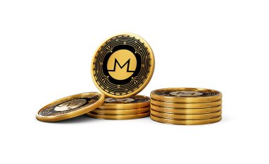 3D Altın Kripto Para Yığını Monero Beyaz Arkaplanda Yuvarlanan Paralar 3D Görüntü