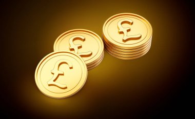 Altın Parlak İngiliz Pound Yığını Parlak Altın Parlak Arkaplanda Yuvarlanmış Paralar 3D Görüntü